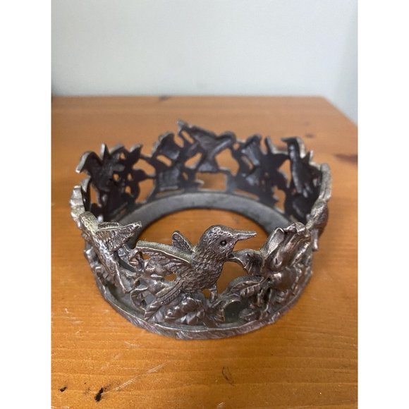 Vintage Pewter Metal Candle Jar Holder Stand Hummingbirds Hibiscus Flowers - Picture 3 of 9